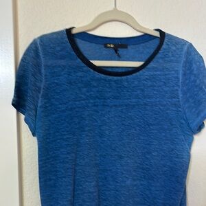 100% linen Maje Blue Short Sleeve T-Shirt with Black beaded Trim